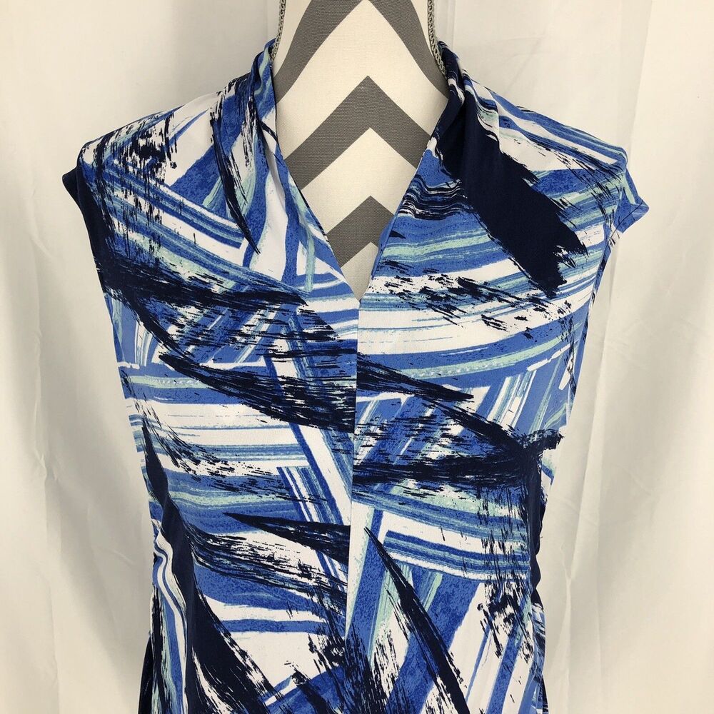 Apt 9 Blue Abstract Split V Neck Ruched Side Blouse Sleeveless Top Medium Petite